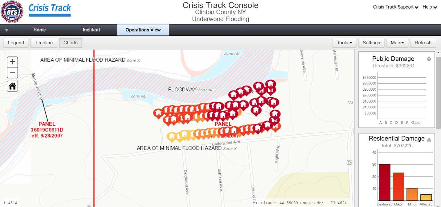 Screenshot from Crisis Track Console showing Operations View of Clinton County, NY flooding incident.