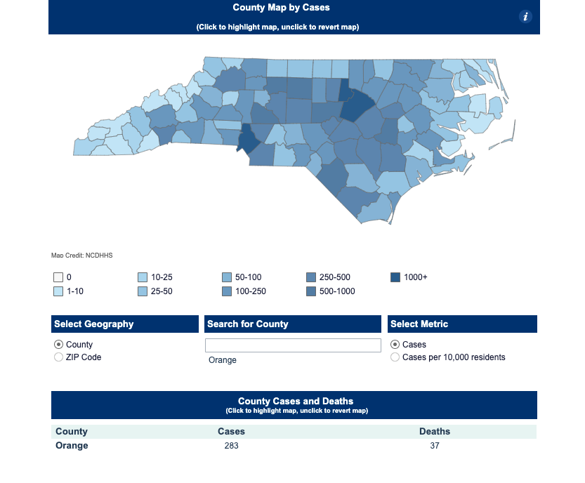 Map of COVID-19 cases in North Carolina