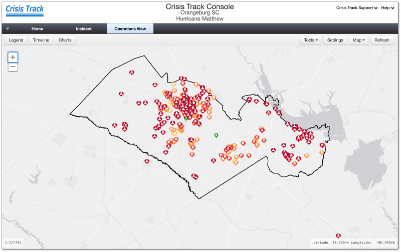 Operations view of Orangeburg, South Carolina roads in Crisis Track